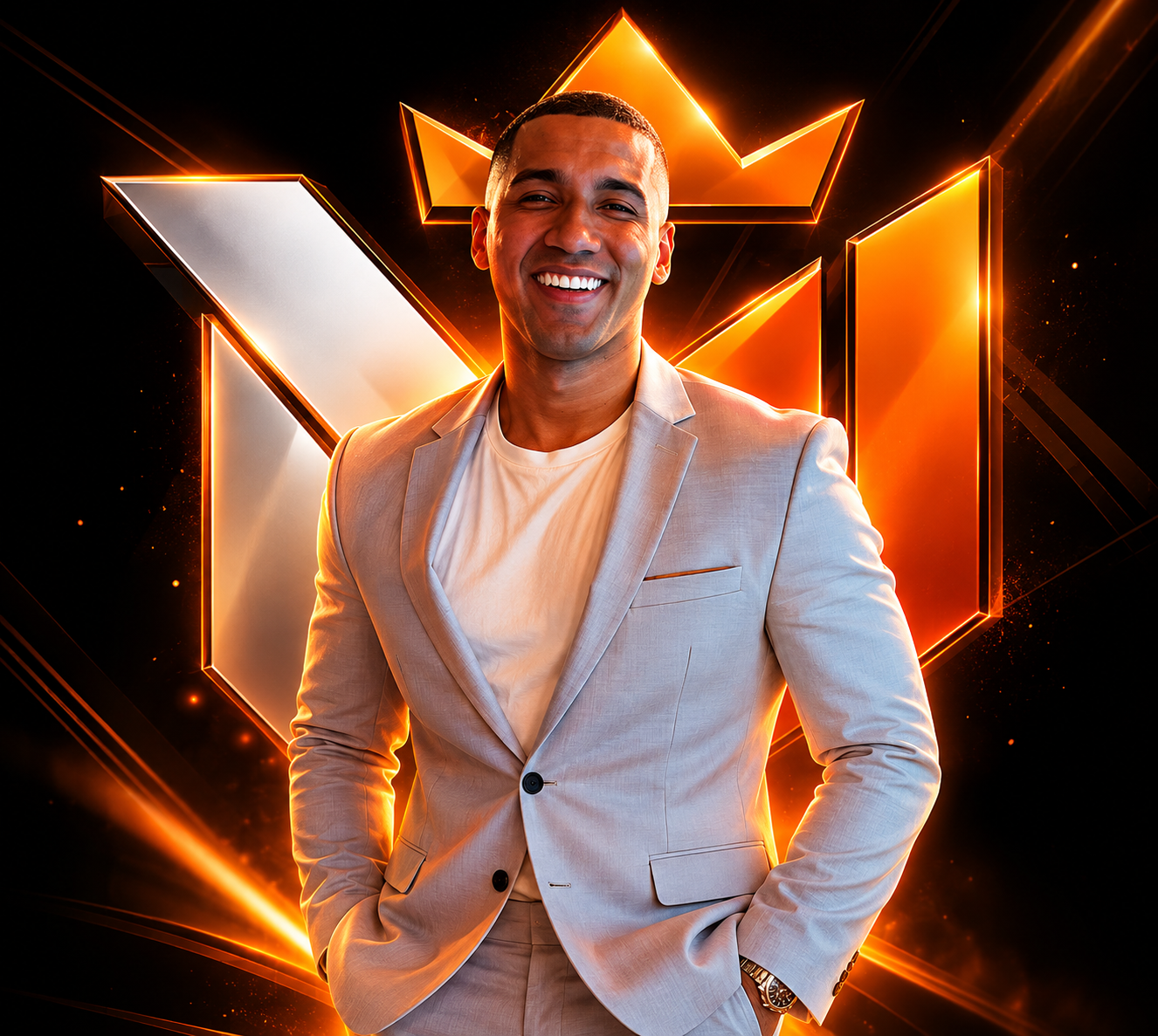Fábio Imperador sorrindo diante da identidade visual do Método Imperador